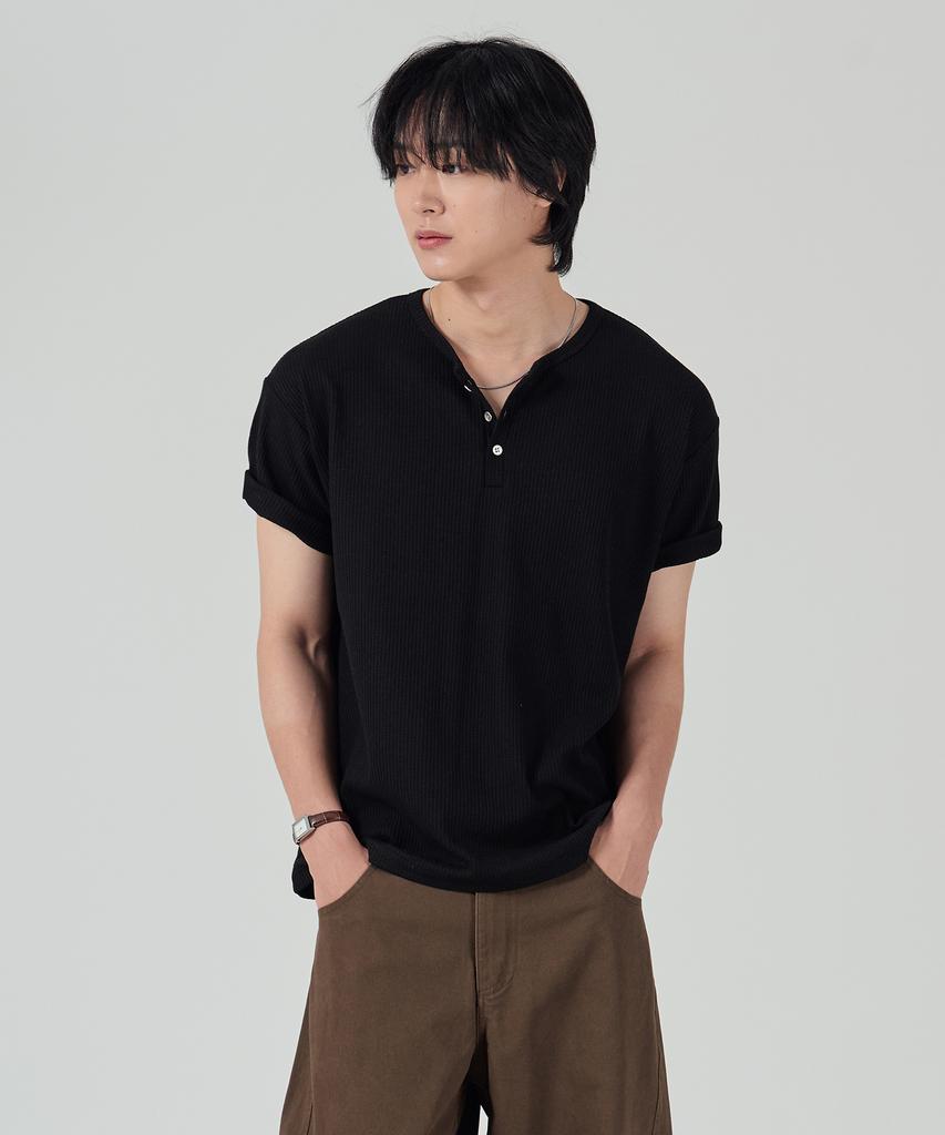 Ousa Waffle Henley Neck Short Sleeve T-Shirt 3 Colors