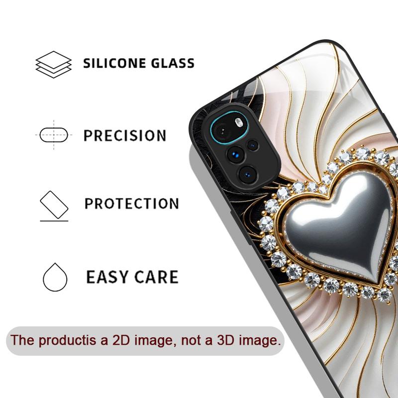 Stylish Black White Heart with Pearls Tempered Glass Phone Case for Motorola Moto G85 G84 G75 Edge 50 Fusion 40 Neo 30 Pro Cover