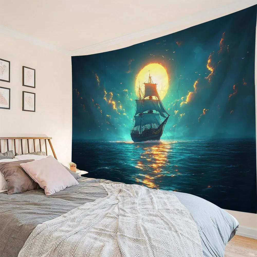 HD-Traumhaftes Meer & Piratenschiff Tapete - Wandkunst im Ölgemälde-Stil für böhmische Wohnkultur, Meeres-Themenzimmer oder Bettbezug