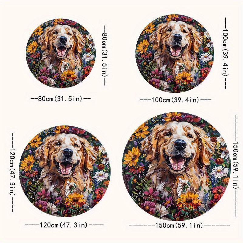 1pc Golden Retriever In Flowers Round Floor Mat - Non-Slip Machine Washable Soft Mat with Vibrant Golden Retriever  Floral Desi