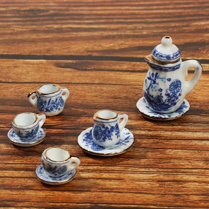 15Pc Small Ceramic Tea Set - Perfect Dollhouse Play Plaything For Kids - Miniature Food Dishes, Cups & Plates - Great Present Idea