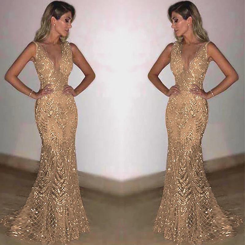 2025 Women's Evening Dress - Sexy Deep V, Sleeveless Sequined Gown