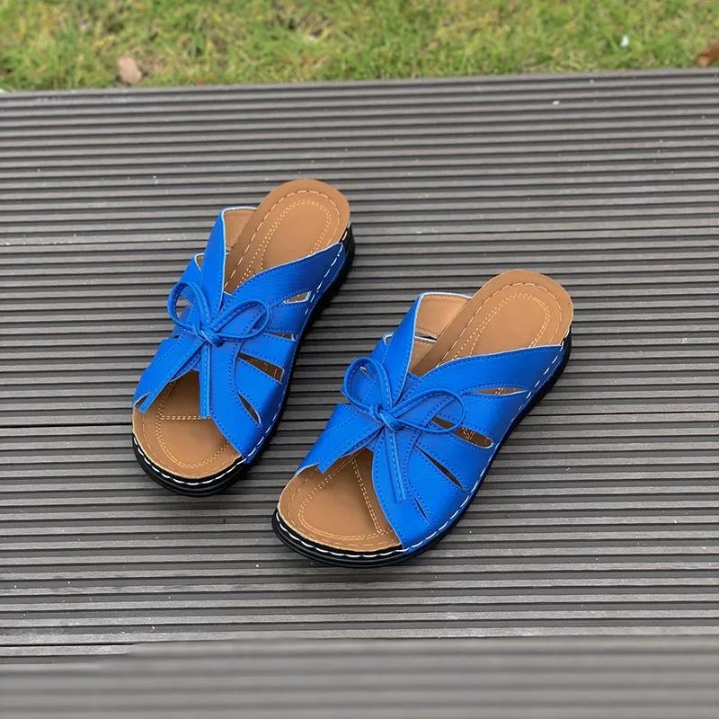 Retro Strik Sandalen Zomer Romeinse Platform Slippers Dames Buiten Comfort Leer Peep Toe Casual Schoenen Flats Sandalen