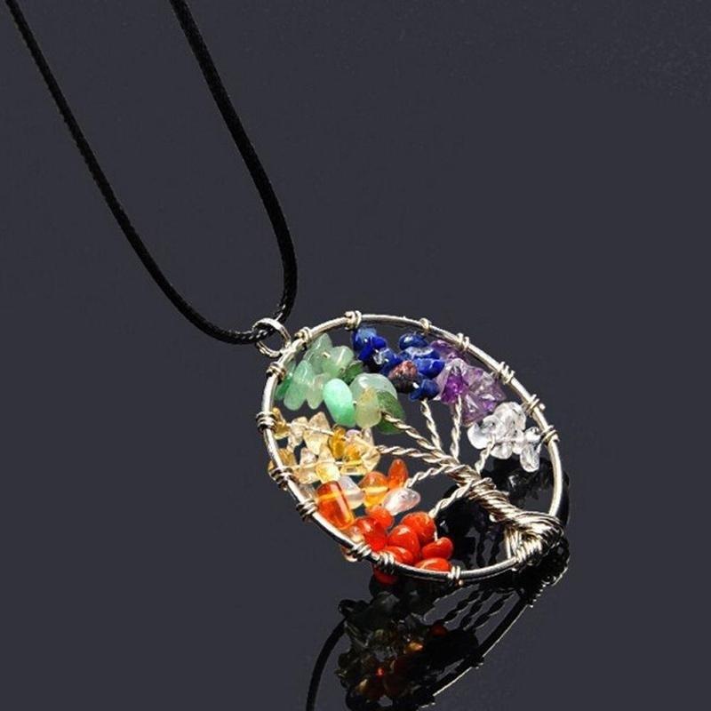 Collier Pendentif Arbre de Vie 7 Chakras en Pierre Gemme Naturelle Charmant
