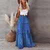 Women's Fashion Bohemian Print Elastic Waist Skirt Loose Casual High Waist Tie Long Skirt