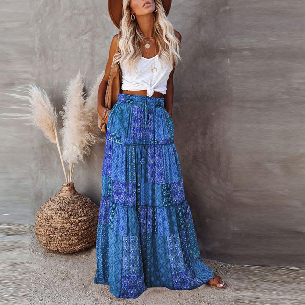 Women's Fashion Bohemian Print Elastic Waist Skirt Loose Casual High Waist Tie Long Skirt