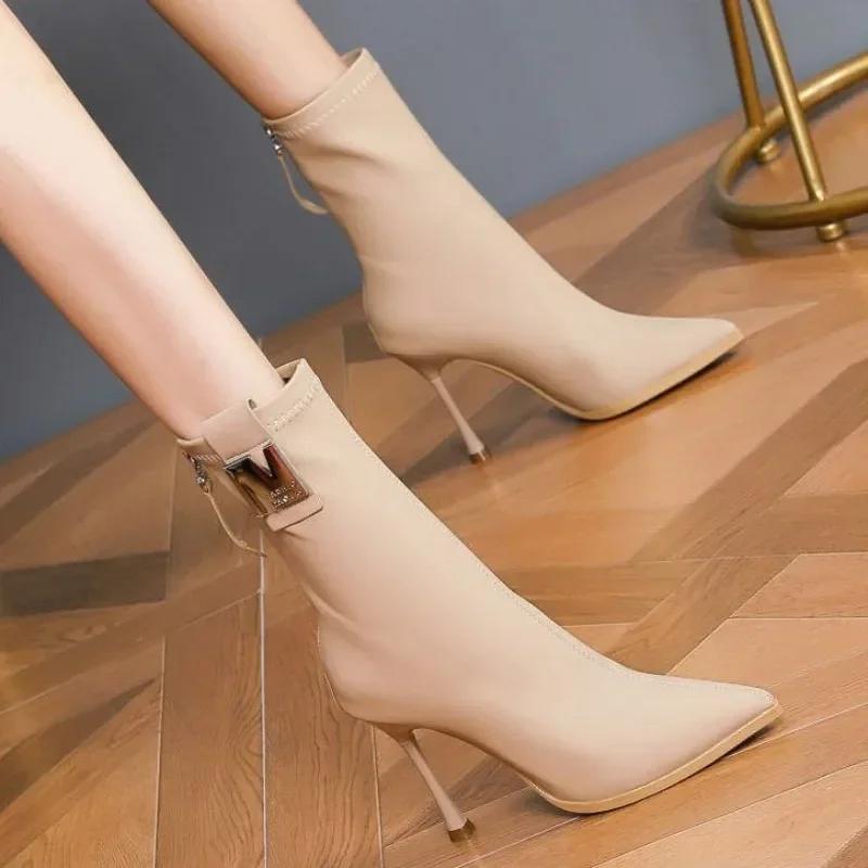 Fashion Mid Calf Shoes Woman Pointed Toe Heels Elegant Heeled Large Size Warm Comfortable Spring 2024 Pu Boot Half High Boots for Women