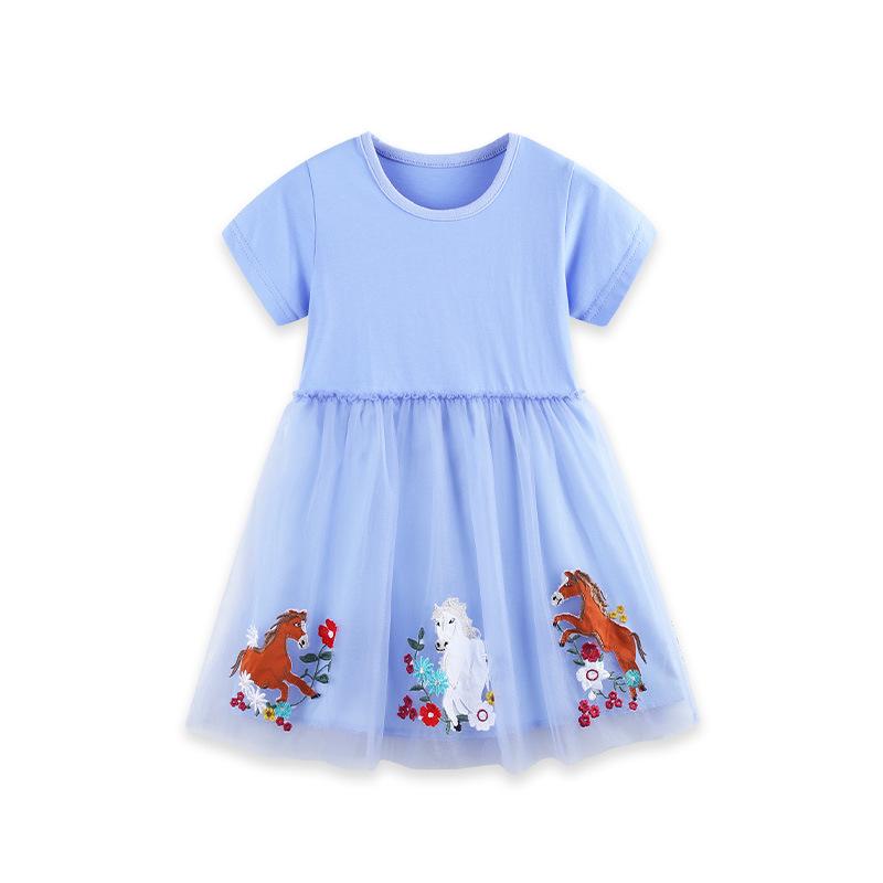 Girls' Short-Sleeved Tulle Skirt Knitted Cotton Round-Neck Dress for Younger Children