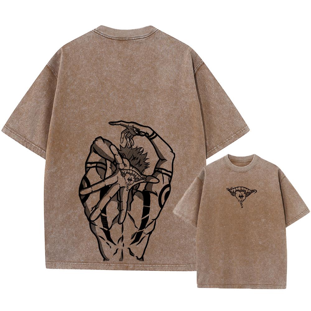 Anime Potisk Streetwear Vintage Prané Pánské Tričko Harajuku Manga Grafický Potisk Gojo Acid Wash Topy Tričko