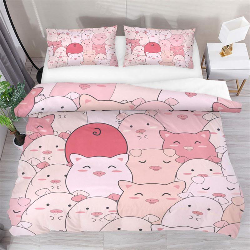 Pig Duvet Cover Kawaii Animals Bedding Set King Microfiber Farmhouse Wildlife Theme Comforter Cover Pillowcases Cartoon Lovely