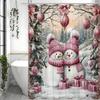 Christmas Pink Snowman Lighted Tree Shower Curtain, Bathroom Decorative Shower Curtain, Waterproof Shower Curtain with Hooks
