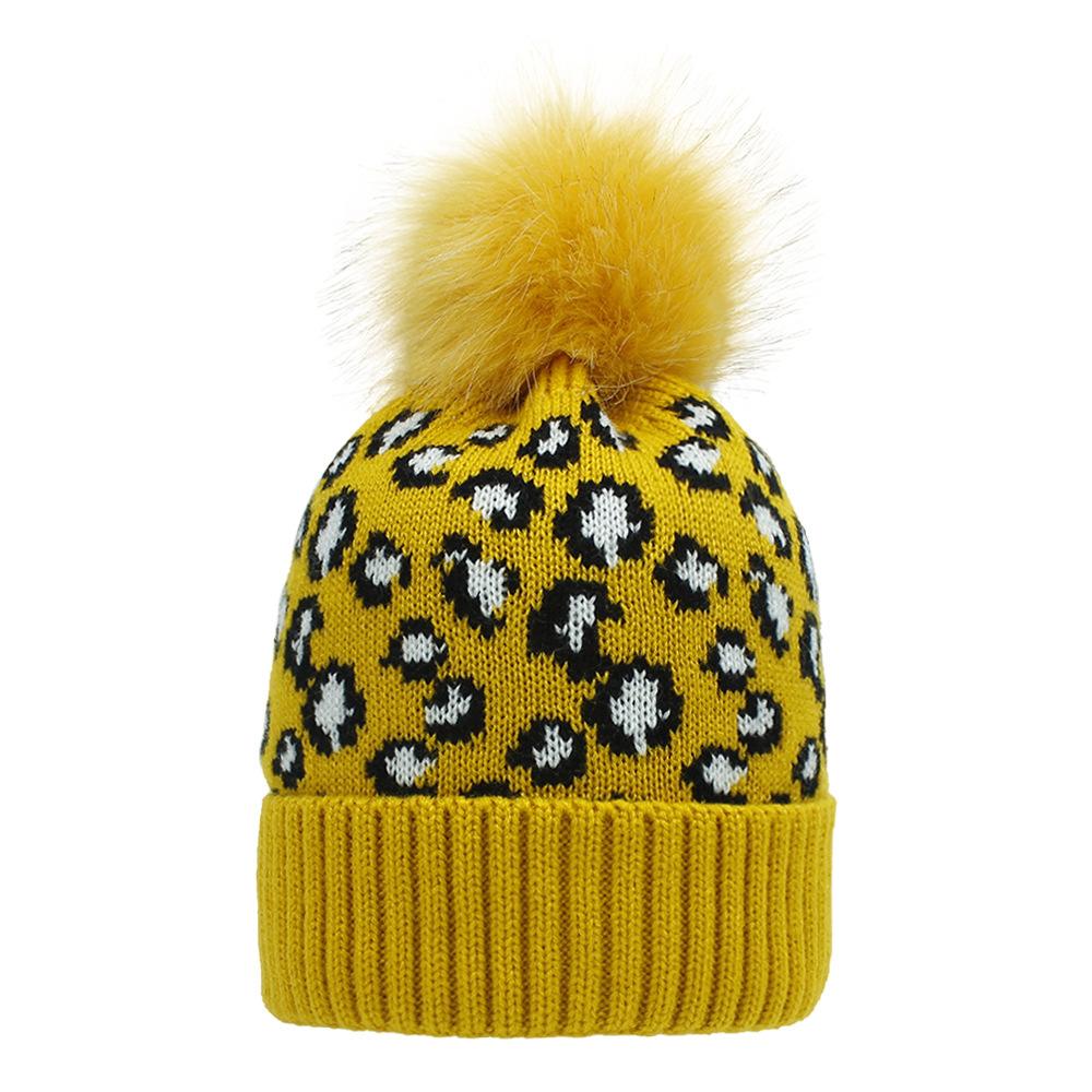 Women Autumn Winter Leopard Knitted Warm Big Wool Ball Sweater Chic Hat EMA