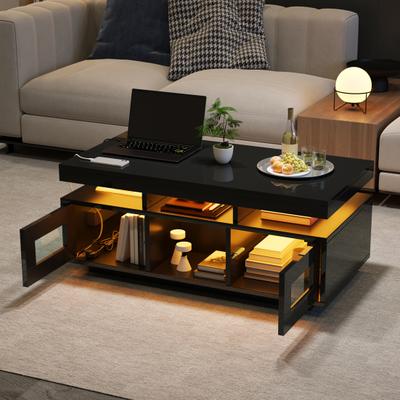 100x50x43cm Black High-Gloss Coffee Table, with LED Lights Controllable, Mobile App, Living Room Table with Cabinet, Sofa Table with Charging Port And