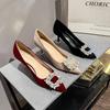 Fashion Pointed Rhinestone Square Buckle High Heels for Women Slim Heels Black Professional Single Shoes Wine Red Bridal Platform Heels