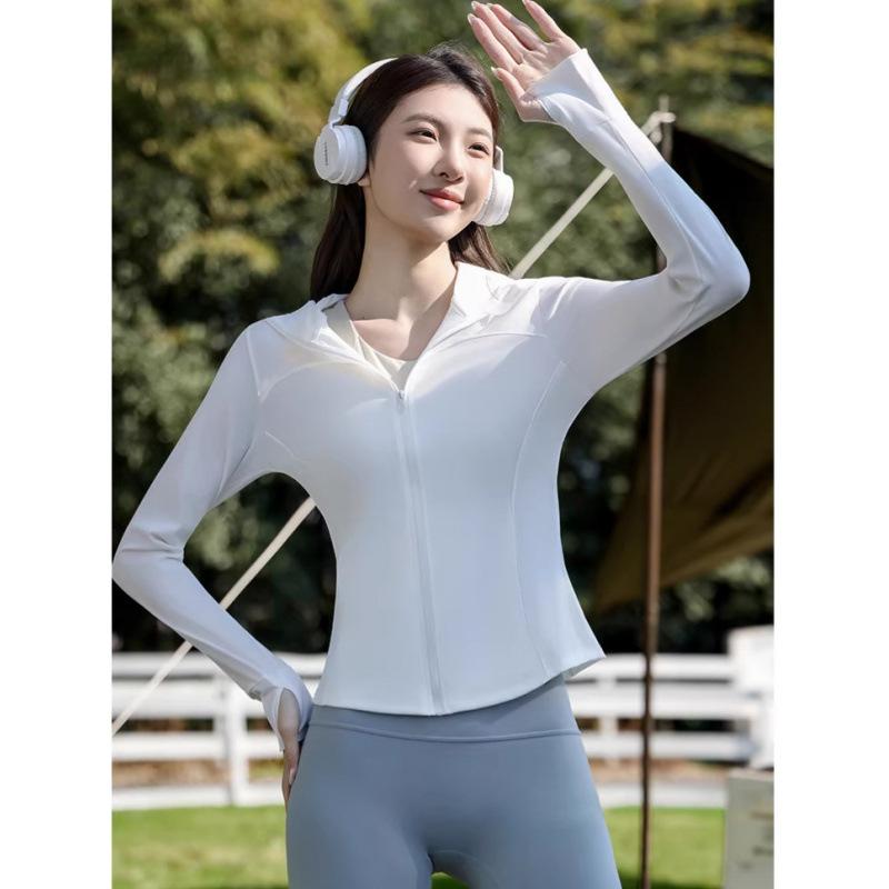 Women's waist sunscreen clothing outdoor sports yoga clothing small waist hooded slim yoga sunscreen clothing long sleeves
