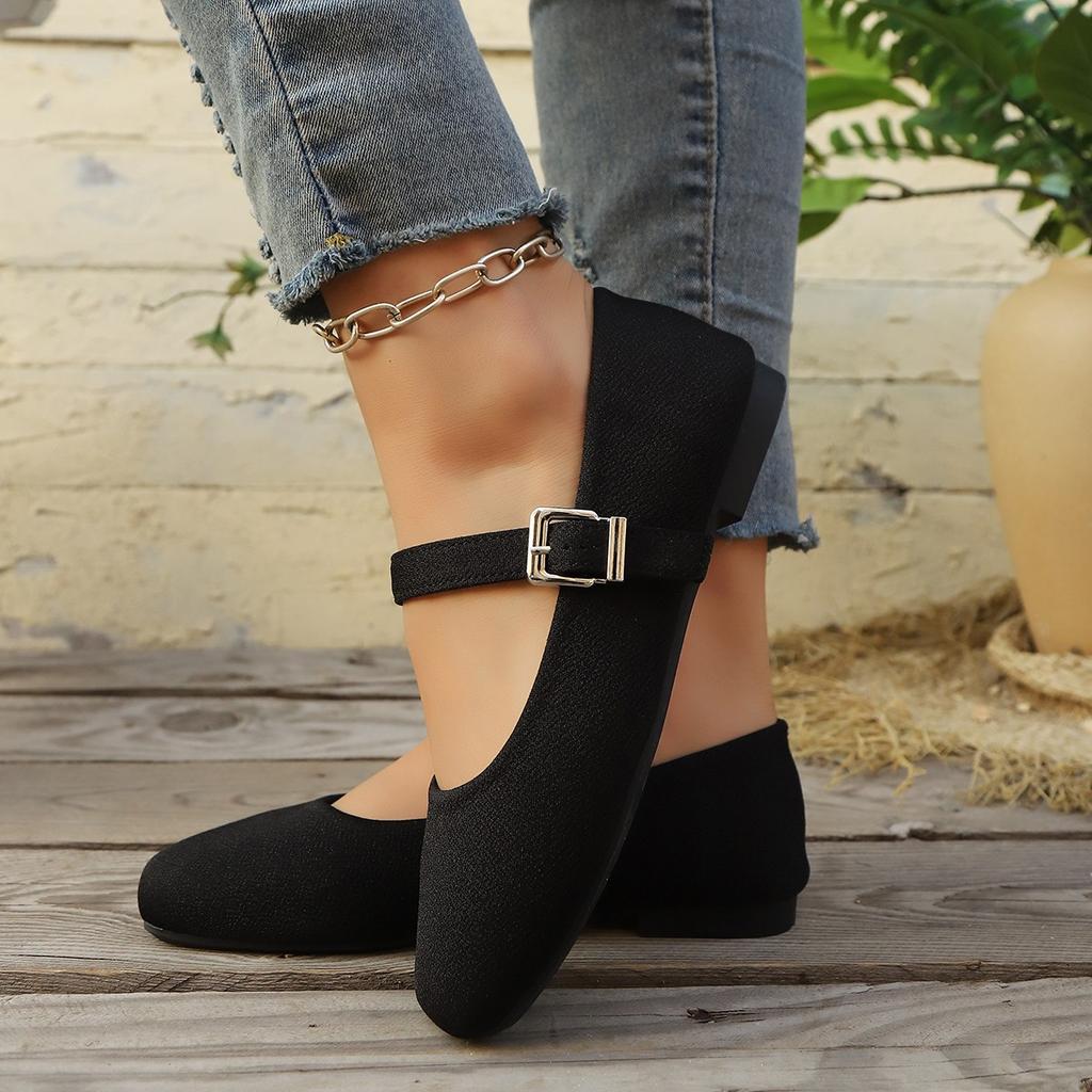 Pantofi Noi Single Retro Toamna 2026 Versatili O Cataramă Vârf Rotund Toc Plat Mary Suede Pantofi pentru Femei