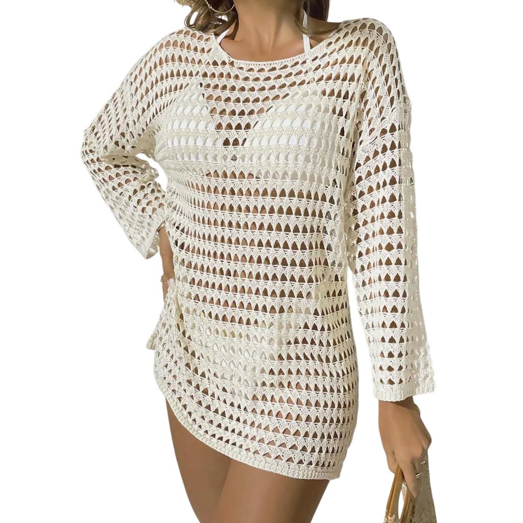 Women's Summer Knit Hollow Out Pullover Round Neck Long Sleeve Bikini Cover Up Beachwear Swimwear Dress