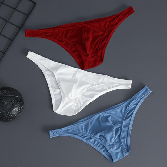 Men Briefs Ice Silk Thin Stripe Solid Color U Convex Inside Wearing Sexy Quick Dry Thong Panties Underpants for Sleeping
