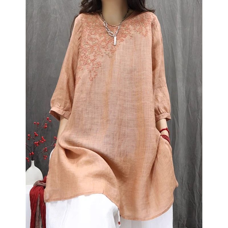 Spring and Summer New Embroidered T-shirt Loose and Thin Casual Medium and Long Top Women's National Style