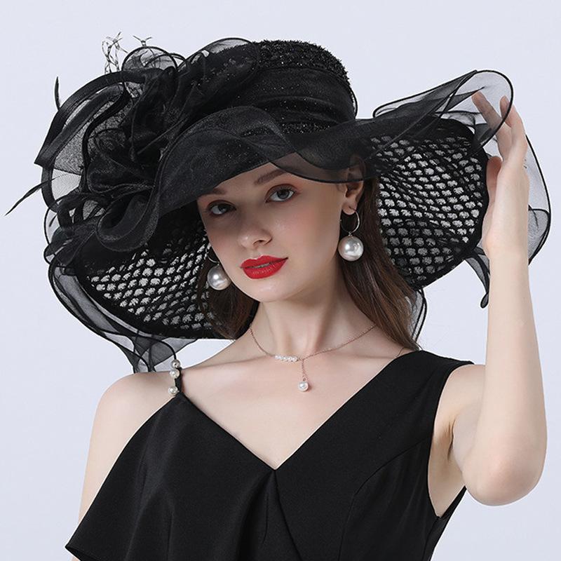 Women Organza Hats Wedding Bride Fascinators Elegant Big Wide Brim Fedora Kentucky Derby Hats Party Formal Church Ladies Hat