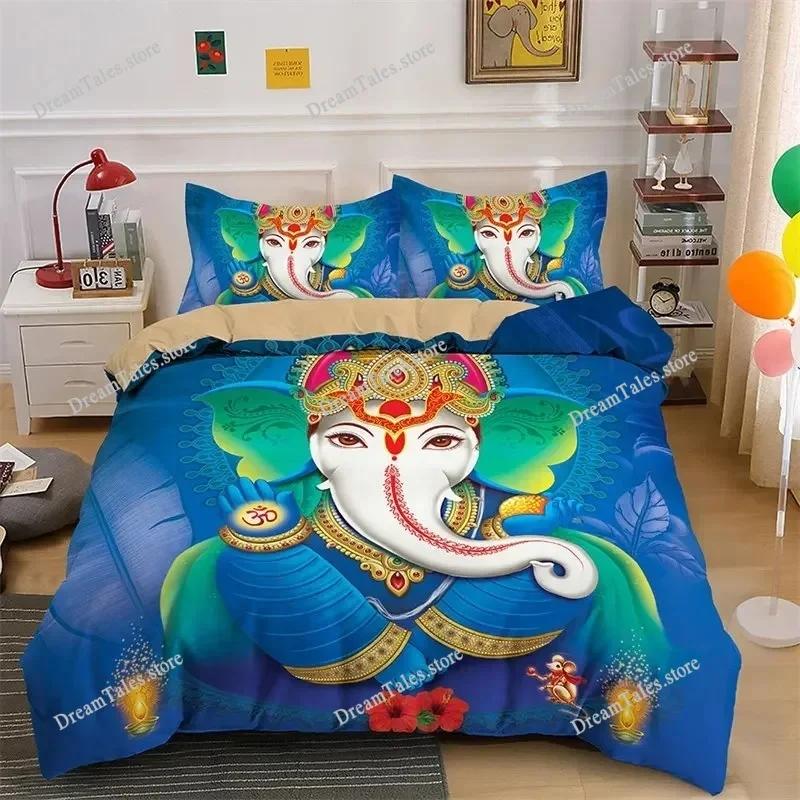 Lord Ganesha Duvet Cover Microfiber Indian Elephant Bedding Set Bohemia Mandala Comforter Cover King for Boys Girls Room Decor