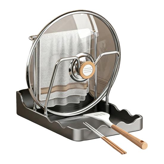 Support de couvercle de casserole pour plan de travail Étagère de rangement pour couvercles de poêle avec plateau d'égouttement Support de couvercle de casserole avec repose-cuillère pendant la cuisson Organisateur de cuisine