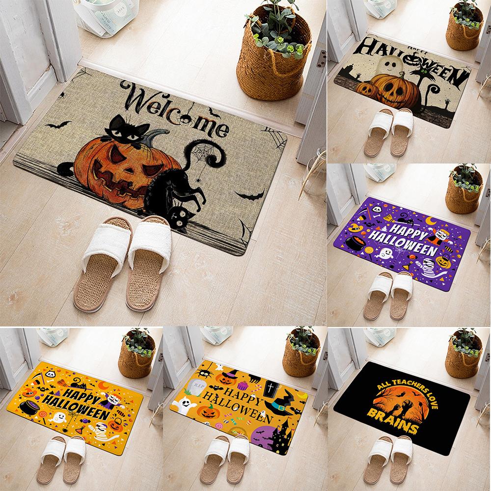 Halloween Theme Door Mat With Pumpkin Black Cat Ghost Bat Witch Hat Castle Patterns Fun Cartoon Decorative Entryway Rug
