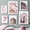 Japan Sakura Fuji Mountain Deer Building Wall Art Canvas Painting Nordic Posters And Prints Wall Pictures For Living Room Decor