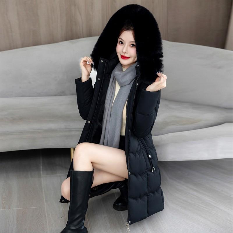 Womens Winter Thick Cotton Coat Mid-Length Solid Color With Removable Faux Fur Collar Elegant Office Style