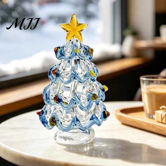 Handmade Art Piece Glazed Glass Christmas Tree Figurine, Handcrafted Ornament Gift for Friends Holiday Display, Colorful Modern Table Centerpiece