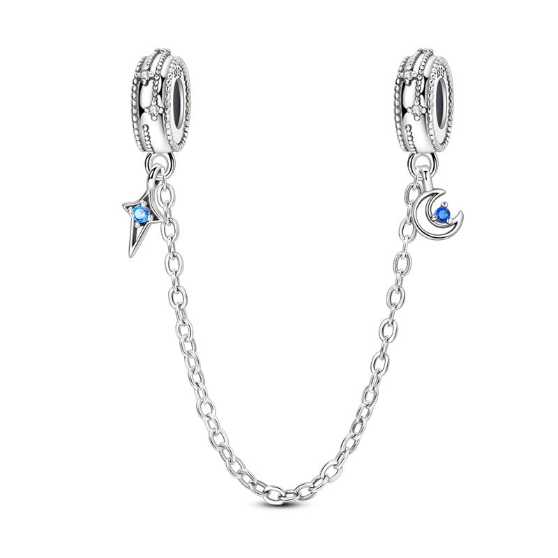 Copper Classic Safety Chain Heart Inlaid Colorful Zirconium Sun Moon Charms Bead Fit Original Bracelet Diy Jewelry