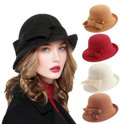 Ladies Wool Felt Bucket Hat Vintage Cloche Fedora Hat Female Bowler