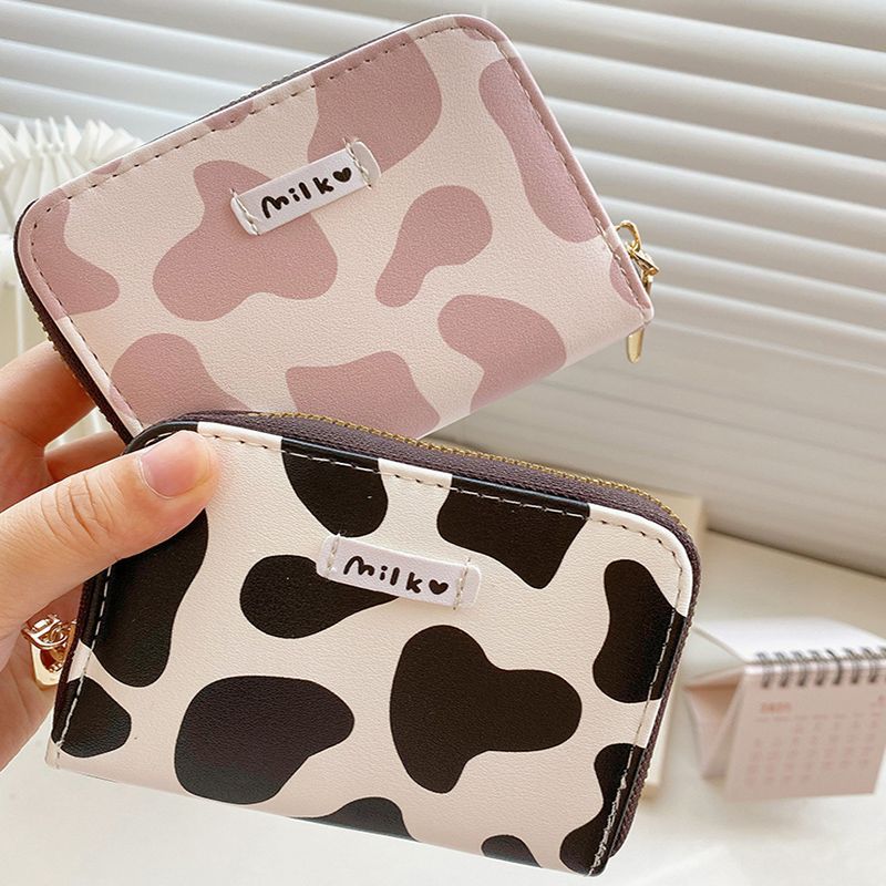 Cute Cow Pattern Coin Purse for Women Girls Card Wallet PU Leather Students Pocket Zipper Key Bag Cartoon Handbags Card Holder