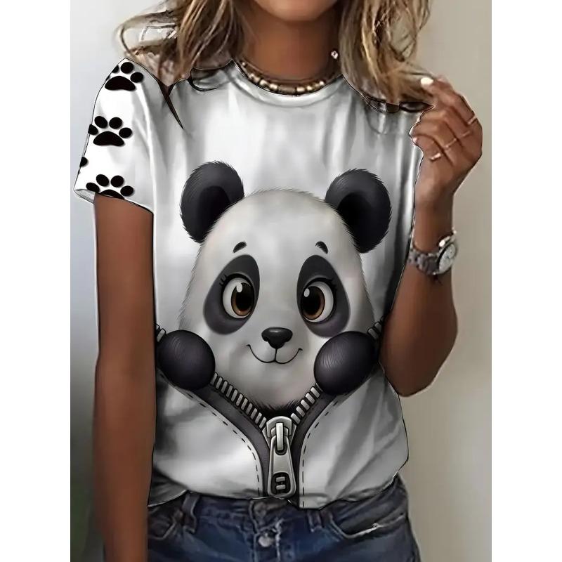 Women'S Cute Husky Print Short Sleeve T-Shirt, Casual Crew Neck Polyester Top, Soft Comfortable Knit Fabric with Slight Stretch
