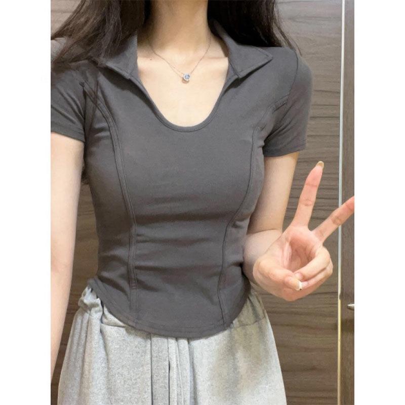 Sommer Neue Kurzarm Casual T-shirt Frauen Mode Vintage Slim Fit T Tops Büro Dame Solide Drehen-unten Kragen Einfache T Shirt Weibliche 24289
