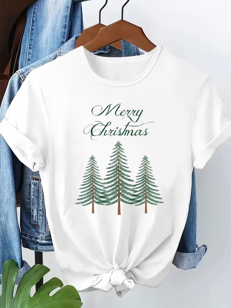 (Asian Size) Short Sleeve T-shirts lovely letter cute Merry Christmas Fashion Women's Top O-neck T Shirt Print Casual New Year Clothing Graphic Tee