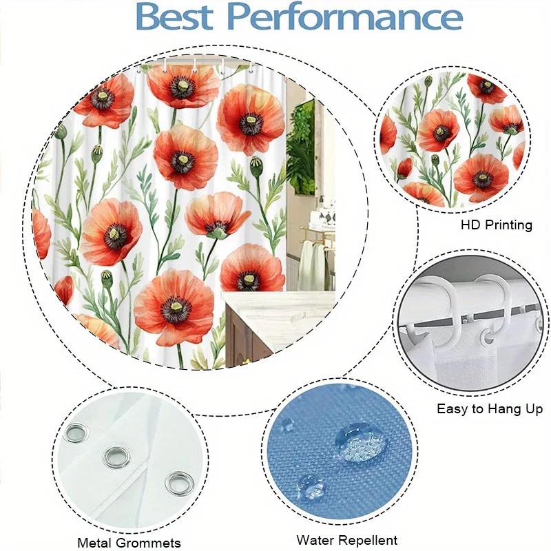 Watercolor Poppies Shower Curtain - Red Flowers With Green Foliage, Soft Polyester,Ethereal Floral Design, Easy Installation