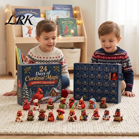 Numbered Hidden Drawer Box Red Bird Christmas Advent Calendar, 24 Unique Miniature Holiday Ornament Set Figurines, Tree Hanging Ornaments for