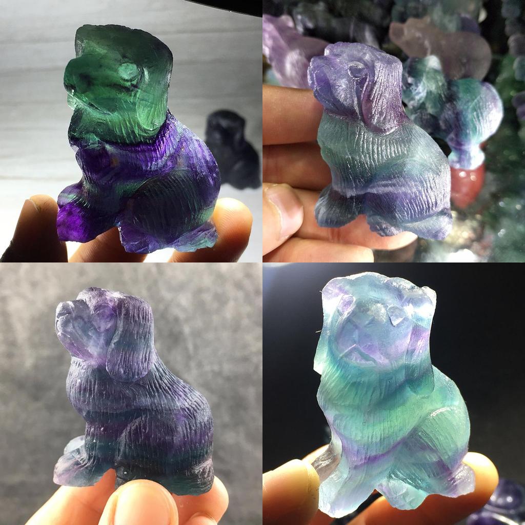 Unique Natural Colourful Fluorite Quartz Crystal Dog Hand-carved Healing Home Decor Piece