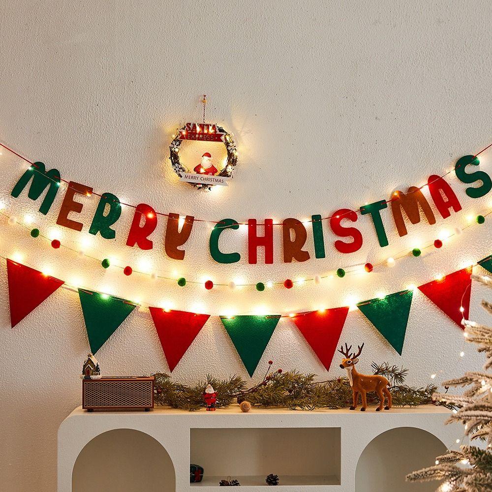 Felt Christmas Banner Elk Design Santa Design Xmas Pull Flag Hanging Ornament Red Green Felt Christmas Banner Wall Decor