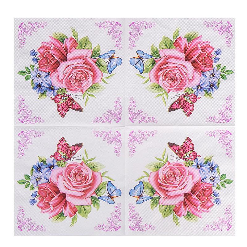 20Pcs/pack Rose Flower Butterfly Printed Table Napkins Wood Pulp Paper Party Disposable Placemats