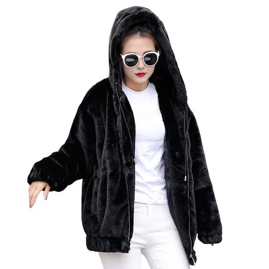 Winter Women Jacket Thick Plush Faux Rabbit Fur Mid Length Hooded with Pockets Long Sleeves Windproof Zip-up Cardigan Coat