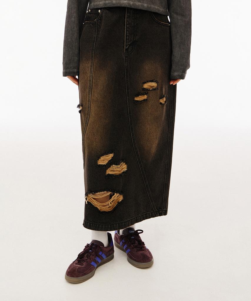 1993 Studio Damaged Washed Denim Long Skirt_Black