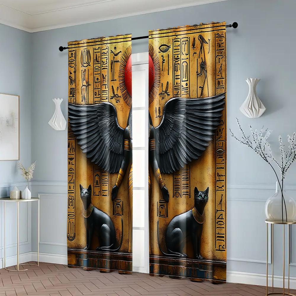 2pcs, Window Curtain 2D Print The Egyptian Goddess Isis and the Sphynx Cat Polyester Woven (without Rod) Outdoor Decorations