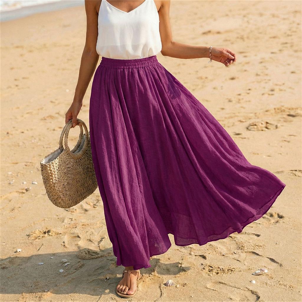 Women's Casual Holiday Solid Color Cotton Linen Long Skirt A-Line Beach Half Length Skirt Elastic Waist Comfortable Fit