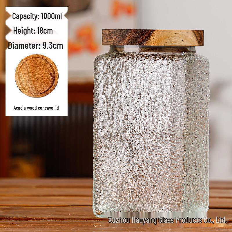 Square Embossed Glass Jar for Snacks & Dried Fruit, Retro Kitchen Storage Container