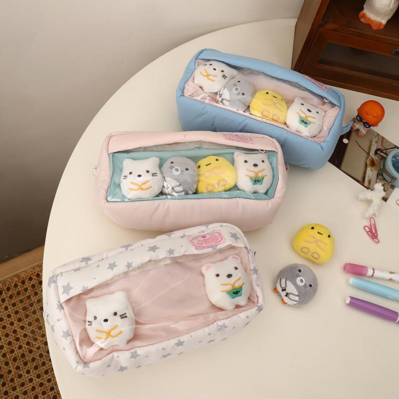 Causal Cute Pencil Case Tranpsarent Windows Badge Pin Displaying Stationery Organizer Large Capacity Pen Bag Back To School