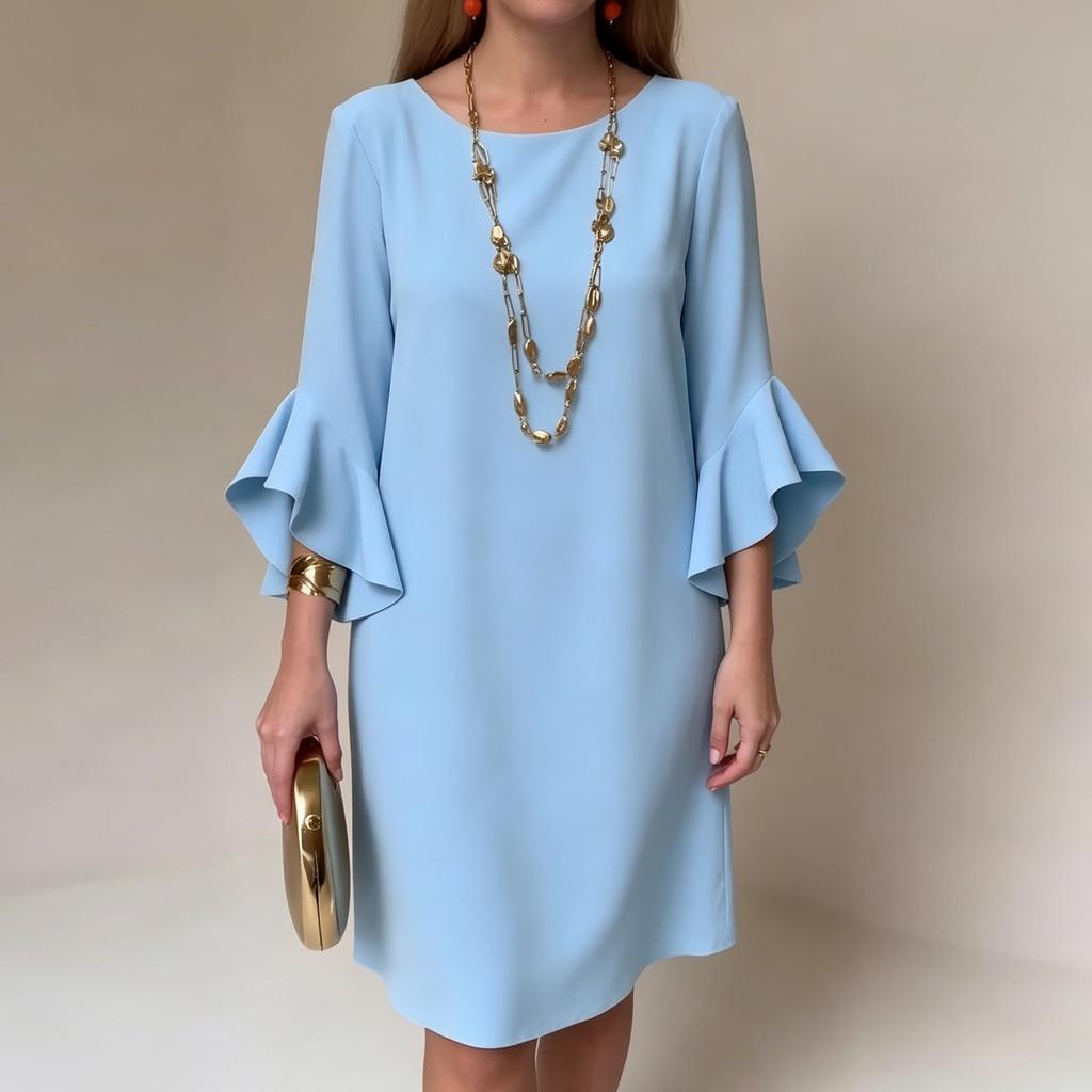 Women's Solid Color Ruffle Bell Sleeve Dress Slim Fit Knee Length Casual Office Wear Shift Dress for Daily Occasion