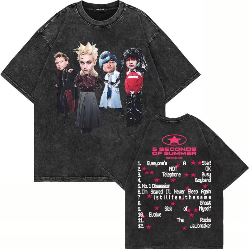 100% Cotton Vintage Washed 5 Seconds of Summer Everyone’s A Star World Tour 2026 T Shirt Men/Women Oversize Loose Acid Wash Tees