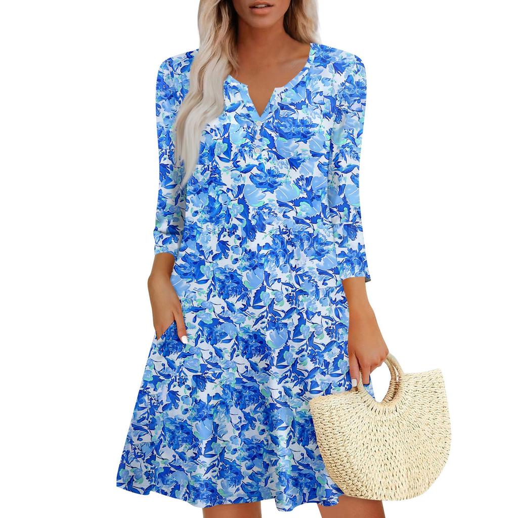 Women Summer Casual V Neck Floral Print Button Down Dress with Pockets Three Quarter Sleeve Loose Fit Midi Dress